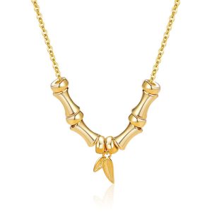 Buddha Stones Golden Bamboo Pattern Titanium Steel Wealth Necklace Pendant Necklaces & Pendants BS Gold Bamboo