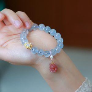 Buddha Stones Natural Aquamarine Red Agate Pearl Beads Healing Charm Bracelet Bracelet BS Aquamarine