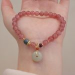 Buddha Stones Natural Strawberry Quartz Jade Peace Buckle Coin Purse Healing Bracelet Bracelet BS Strawberry Crystal Peace Buckle Bracelet(Wrist Circumference: 14-16cm)