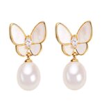 Buddha Stones 925 Sterling Silver Posts 18K Gold Plated Copper Pearl Butterfly Optimism Stud Earrings 9