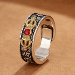 Buddha Stones Tibetan Om Mani Padme Hum Red Agate Dorje Vajra Design Wisdom Ring Ring BS Om Mani Padme Hum(Love♥Focus)