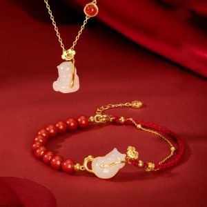 Buddha Stones 925 Sterling Silver Plated 18K Gold Hetian Jade Ruyi Cat Cinnabar Luck Bracelet Necklace Pendant Set Bracelet Necklaces & Pendants BS 2Pcs(Necklace&Bracelet)