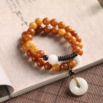 Buddha Stones Cyan Bodhi Seed Lotus Jade Peace Buckle Wisdom Double Wrap Bracelet Mala Bracelet BS Yellow Bodhi Seed
