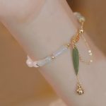 Buddha Stones 14K Gold Plated Hetian White Jade Bamboo Leaf Luck Protection Bracelet Bracelet BS 3