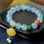 Buddha Stones Natural Aquamarine Amber Chinese Knotting Charm Peace Bracelet Bracelet BS 7
