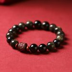 Buddha Stones Natural Gold Sheen Obsidian Rainbow Obsidian Om Mani Padme Hum Fu Character Healing Bracelet Bracelet BS 3