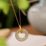Buddha Stones 925 Sterling Silver Cyan Jade Peace Buckle Bamboo Leaf Harmony Necklace Pendant Necklaces & Pendants BS 4