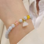 Buddha Stones Natural Aquamarine Chalcedony Serenity Rabbit Gourd Cat Charm Bracelet Bracelet BS Aquamarine Chalcedony Lotus Pod