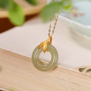 Buddha Stones 925 Sterling Silver Cyan Jade Peace Buckle Bamboo Leaf Harmony Necklace Pendant Necklaces & Pendants BS Cyan Jade (Success ♥ Healing)