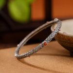 Vintage Tang Dynasty Flower Design Engraved Red Agate Copper Luck Bracelet Bangle - image 9