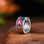 Buddha Stones Copper Blue Enamel Lotus Heart Sutra Koi Fish Luck Ring Ring BS 9
