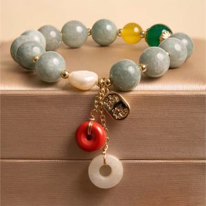 Buddha Stones Jade Red Agate Peace Buckle Charm Confidence Bracelet 1