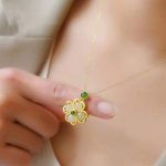 Buddha Stones 925 Sterling Silver Lucky Four Leaf Clover Jade Prosperity Necklace Chain Pendant Necklaces & Pendants BS 4