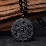 Buddha Stones Natural Black Obsidian Tibetan Om Mani Padme Hum Buddha Swastika Luck Necklace Pendant Necklaces & Pendants BS 5