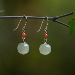 Buddha Stones 925 Sterling Silver 14K Gold Plated Hetian Jade Red Agate Luck Drop Dangle Earrings Earrings BS 14K Plated Gold Light Green Jade