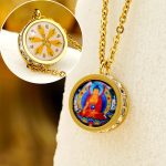 Buddha Stones Tibetan Yellow God Of Wealth Green Tara Buddha Serenity Titanium Steel Necklace Pendant Necklaces & Pendants BS Front Sakyamuni Buddha Back Mantra
