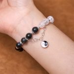 Buddha Stones Silver Sheen Obsidian Crackle Clear Quartz Black Rutilated Quartz Yin Yang Lotus Protection Bracelet Bracelet BS 5