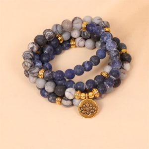 Buddha Stones 108 Mala Beads Sodalite Zebra Jasper Crystal Lotus Strength Bracelet Mala Bracelet BS Sodalite&Zebra Jasper