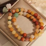 Buddha Stones Tibet Natural Golden Silk Jade Double Layer Bell Orchid Luck Bracelet Bracelet BS 5