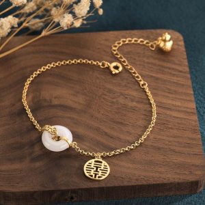 Buddha Stones White Jade Double Happiness Fortune Bracelet Bracelet BS White Jade