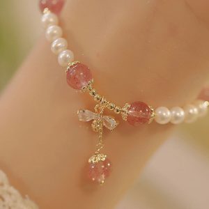 Buddha Stones Natural Pearl Strawberry Quartz Healing Cute Honey Bee Charm Bracelet Bracelet BS Pearl&Strawberry Quartz(Wrist Circumference 14-19cm)