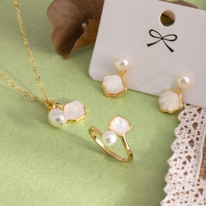 Buddha Stones Ginkgo Tridacna Stone Pearl Bead Copper Blessing Necklace Pendant Ring Earrings Set Bracelet Necklaces & Pendants BS 3Pcs(Necklace&Ring&Earrings)