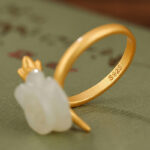 Buddha Stones 925 Sterling Silver Plated Gold Rose Flower Hetian White Jade Happiness Ring Ring BS 4