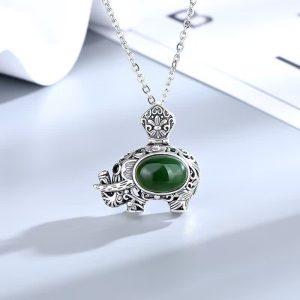 Buddha Stones 925 Sterling Silver Hetian Cyan Jade Elephant Success Necklace Pendant Necklaces & Pendants BS Hetian Cyan Jade(Success♥Healing)