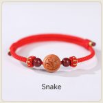 Buddha Stones Natural Peach Wood Chinese Zodiac Fu Character Carved Cinnabar Wealth Bracelet Bracelet BS Snake-Red(Wrist Circumference 14-22cm)