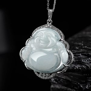 Buddha Stones 925 Sterling Silver Laughing Buddha Natural Jade Abundance Necklace Pendant Necklaces & Pendants BS Jade (Prosperity ♥ Abundance)
