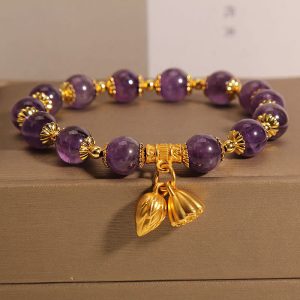 Buddha Stones Natural Amethyst Lotus Healing Spiritual Bracelet Bracelet BS Amethyst(Wrist Circumference 14-16cm)