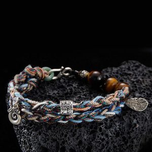 Buddha Stones 925 Sterling Silver Tiger's Eye Colorful Cotton Rope Handmade Willpower Bracelet Bracelet BS 19cm fit for Wrist Circumference 17cm