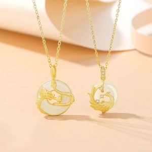 Buddha Stones 925 Sterling Silver Year of the Dragon Hetian Jade Golden Dragon Phoenix Peace Buckle Luck Necklace Pendant Necklaces & Pendants BS main