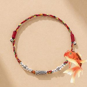Buddha Stones 925 Sterling Silver Luck Koi Fish Braided Colorful String Bracelet Anklet Bracelet BS Bracelet(Wrist Circumference 15-20cm)