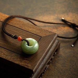 Buddha Stones Natural Round Jade Gray Jade Peace Buckle Luck Necklace Pendant Necklaces & Pendants BS Jade