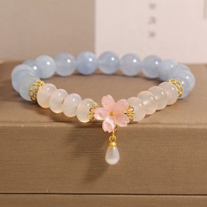 Buddha Stones Aquamarine White Agate Pearl Abacus Beads Flower Healing Bracelet Bracelet BS Aquamarine White Agate(Wrist Circumference: 14-16cm)