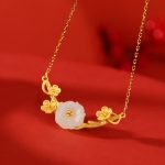 Buddha Stones 925 Sterling Silver Plated Gold Hetian Jade  Plum Blossom Luck Necklace Pendant Bracelet Bangle Ring Bracelet Necklaces & Pendants BS Necklace