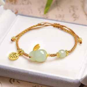 Buddha Stones Year of the Rabbit Hetian Jade Happiness Blessing Wealth String Bracelet Bracelet BS Hetian Jade(Prosperity♥Abundance)