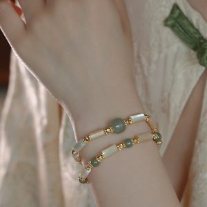 Buddha Stones 14K Gold Plated Tridacna Stone Hetian Jade Bead Bamboo Pattern Bracelet Bracelet BS main