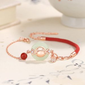 Buddha Stones 925 Sterling Silver Year of the Dragon Natural Hetian Jade Zircon Peace Buckle Protection Bracelet Necklace Pendant Bracelet Necklaces & Pendants BS Bracelet(Wrist Circumference 14-17cm)