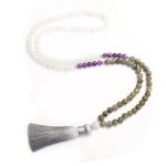 Buddha Stones 108 Mala Beads White Agate Amethyst Black Glitter Stone Protection Bracelet Bracelet Necklaces & Pendants BS 8
