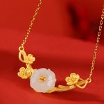 Buddha Stones 925 Sterling Silver Plated Gold Hetian Jade  Plum Blossom Luck Necklace Pendant Bracelet Bangle Ring Bracelet Necklaces & Pendants BS 3