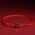 Buddha Stones Natural Cinnabar Four Leaf Clover Blessing Red String Bracelet Anklet Bracelet BS Red Anklet(Anklet Circumference 21-27cm) Without Golden Bead