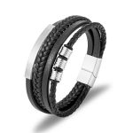 Buddha Stones Leather Multi-Layer Titanium Steel Balance Braided Magnetic Buckle Bracelet Bracelet BS Silver 21.5cm