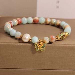 Buddha Stones Shoushan Stone Pearl Butterfly Wealth Bracelet Bracelet BS Shoushan Stone(Wrist Circumference: 14-17cm)
