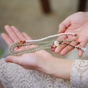 Buddha Stones 925 Sterling Silver Plated Gold Natural Hetian Jade Pearl Butterfly Gourd Luck Bracelet Bracelet BS Hetian Jade&Pearl