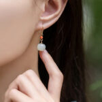 Buddha Stones 925 Sterling Silver 14K Gold Plated Hetian Jade Red Agate Luck Drop Dangle Earrings Earrings BS 7