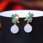 Buddha Stones White Jade 925 Sterling Silver Pearl Flower Blessing Necklace Pendant Ring Earrings Bracelet Necklaces & Pendants BS Gold Earrings