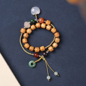Buddha Stones Green Sandalwood Chalcedony Peace Buckle Charm Soothing Double Wrap Bracelet Bracelet BS Green Sandalwood(Cure♥Positive)8*9mm