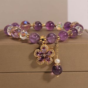 Natural Amethyst Pearl Flower Charm Positive Transformation Bracelet Bracelet BS Amethyst(Inner Peace♥Healing)